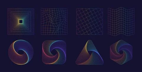 Set of abstract shapes and grids in rainbow color. Trendy retro 1980s, 90s .. Stock Illustration