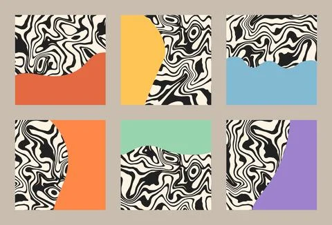 Set abstract square backgrounds in retro groovy style. Trendy marble psychedelic Stock Illustration