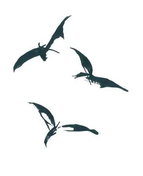 Set of abstract stylized flying black and white birds in Japanese style Stock Illustration