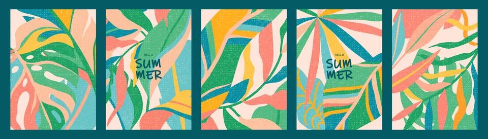 Set of abstract summer posters in bright flat artistic style with grainy te.. Stock Illustration