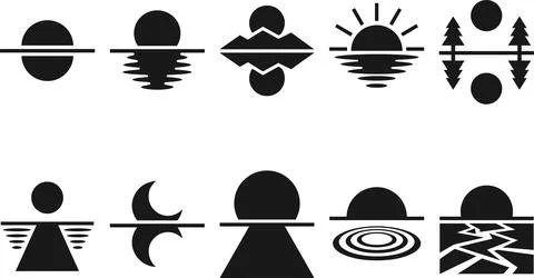 Set of abstract sunset sunrise and moon icons on transparent background. 스톡 일러스트