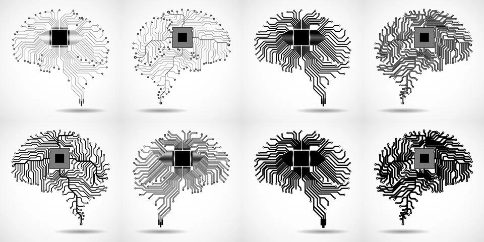 Set of abstract technological brain. Cpu. Circuit board. Vector illustration Stock Illustration