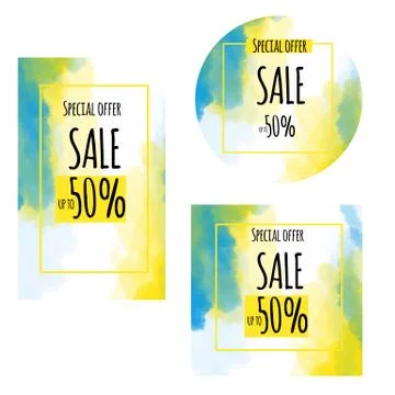 Set abstract template frame watercolor effect blue and yellow color vector Stock Illustration
