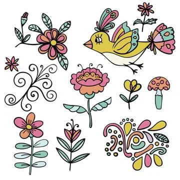 Set of abstract tropical floral elements, yellow paradise bird, cartoon eleme イラスト素材
