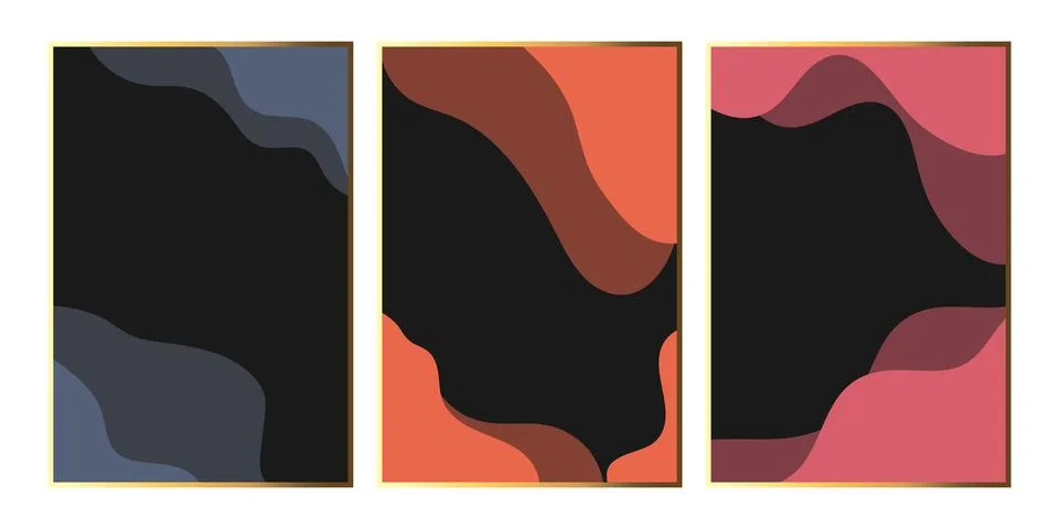 Set of abstract vector illustration with waves and gold frames Illustrazione stock