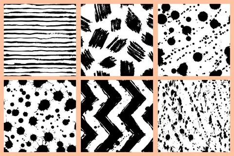 Set of abstract watercolor vector seamless pattern. Zigzag, stripes, blots, s 스톡 일러스트