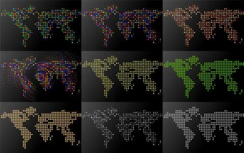 Set of abstract world maps with dots on black background. Vector Illustration Stock Illustration