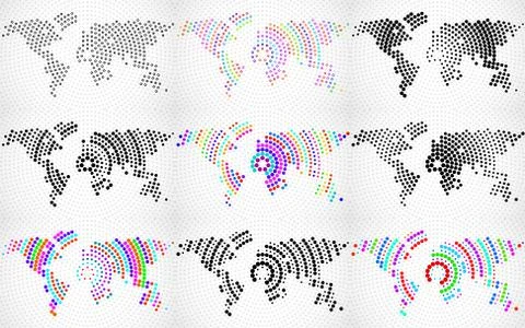 Set of abstract world maps with radial lines, technology style. Vector Stock Illustration