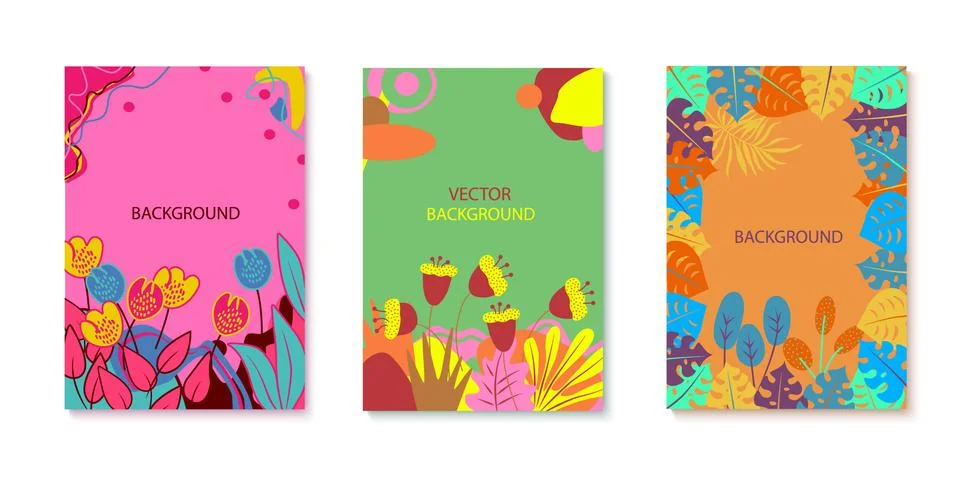 Set of abstraction vector illustrations with flowers and tropical leaves Stock Illustration
