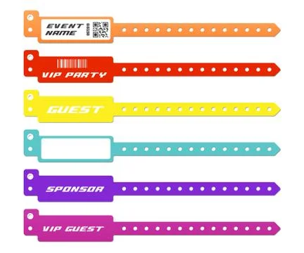 Set of access bracelets or wristbands realistic vector illustration isolated. Illustrazione stock