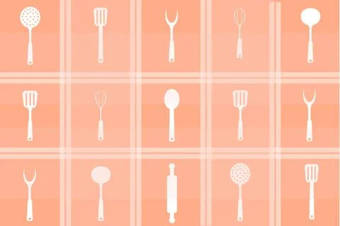 Set of accessories from the kitchen ladle spatula rolling pin fork spoon wood Stock Illustration