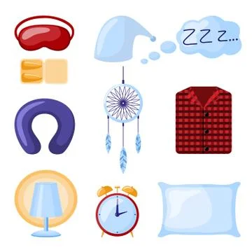 Set accessories of sleep on white background. Design kit mask, pillow, clock  イラスト素材