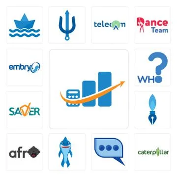 Set of accounting, caterpillar, three dots, shark mascot, afro, pen nib, save Illustrazione stock gratuita