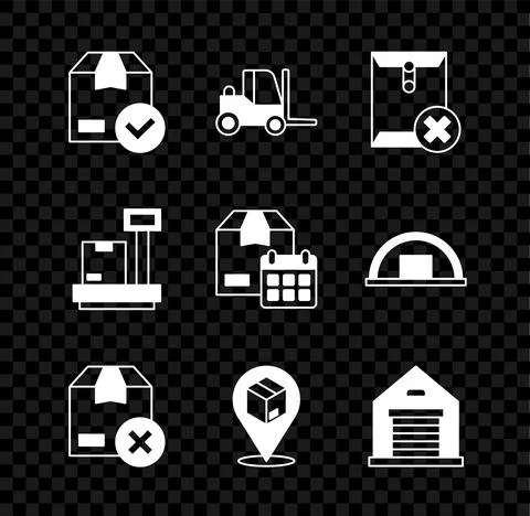 Set ackage box with check mark, Forklift truck, Delete envelope, Carton Ilustración de archivo