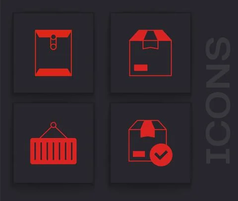 Set ackage box with check mark, Envelope, Carton cardboard and Container crane Stock Illustration