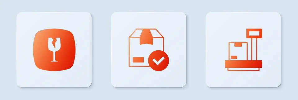 Set ackage box with check mark, Fragile broken glass and Scale cardboard. White Stock Illustration