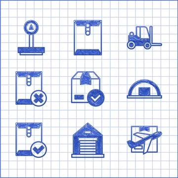 Set ackage box with check mark Warehouse Plane and cardboard Envelope Delete  Ilustración de archivo