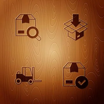 Set ackage box with check mark, Search package, Forklift truck and Carton c.. 库存插图