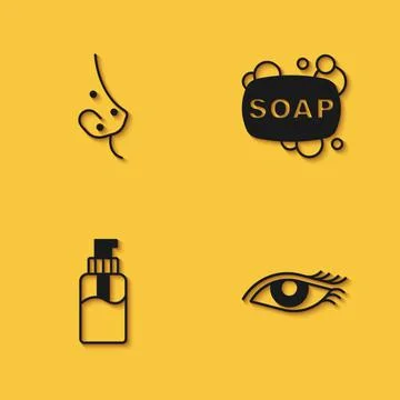 Set Acne, Woman eye, Bottle of liquid soap and Bar icon with long shadow. Vector Illustrazione stock