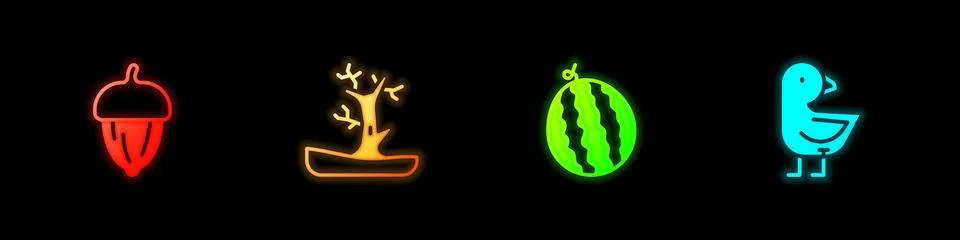 Set Acorn, Bare tree, Watermelon and Little chick icon. Vector Stock Illustration