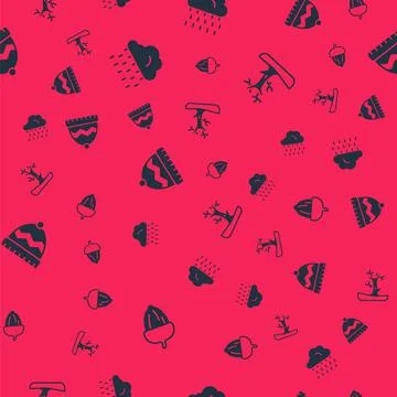 Set Acorn, Cloud with rain, Winter hat and Bare tree on seamless pattern. Vector Illustrazione stock