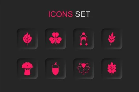 Set Acorn, Clover, Leaf, Chestnut, Winter hat and Mushroom icon. Vector イラスト素材