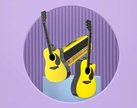 Set of acoustic guitars and amplifier floating above podium, minimal graphic  Ilustração Stock