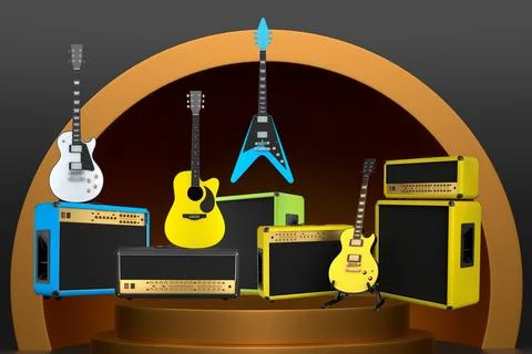 Set of acoustic guitars and amplifier floating above podium, minimal graphic  Stock Illustration