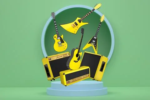 Set of acoustic guitars and amplifier floating above podium, minimal graphi.. Stock Illustration