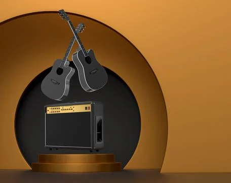 Set of acoustic guitars and amplifier floating above podium, minimal graphi.. Stock Illustration