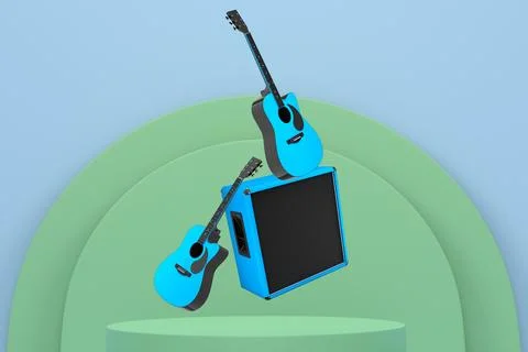 Set of acoustic guitars and amplifier floating above podium, minimal graphi.. Stock Illustration