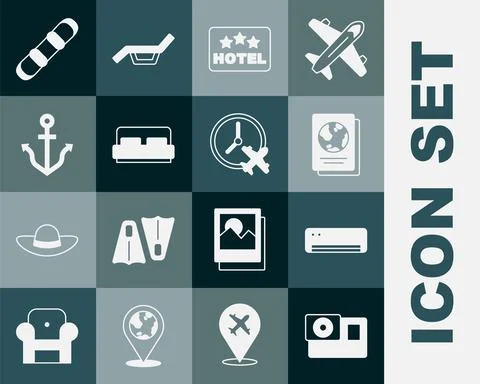 Set Action camera, Air conditioner, Passport, Signboard with text Hotel, room Illustrazione stock
