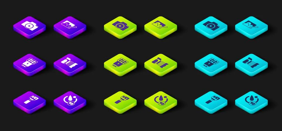 Set Action camera, Camera timer, Photo flash, retouching and icon. Vector Illustrazione stock