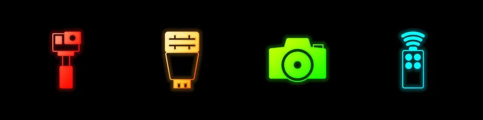 Set Action camera, Photo flash, and Remote control for icon. Vector Stock Illustration