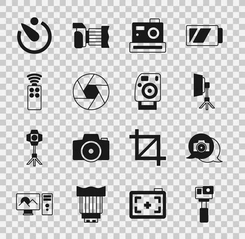 Set Action camera, Photo, Softbox light, Camera shutter, Remote control for Stock Illustration