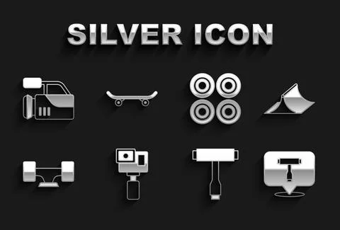 Set Action camera, Skate park, Skateboard T tool, wheel, Cinema and icon. Vector Ilustración de archivo