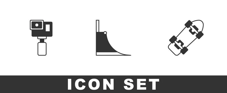 Set Action camera, Skate park and Skateboard icon. Vector Ilustración de archivo