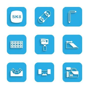 Set Action camera, Skateboard wheel, Cinema, park, Tool allen keys and icon Ilustración de archivo