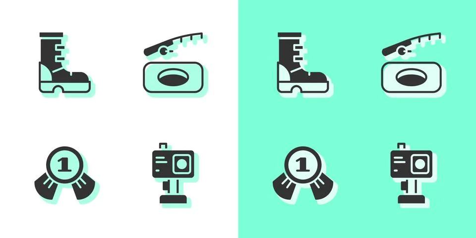 Set Action camera, Waterproof rubber boot, Medal and Winter fishing icon. Vector Stock Illustration