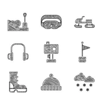 Set Action camera, Winter hat, Cloud with snow, Location marker, Waterproof Illustrazione stock