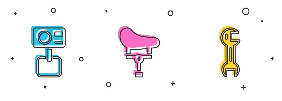 Set Action extreme camera, Bicycle seat and Wrench spanner icon. Vector 스톡 일러스트