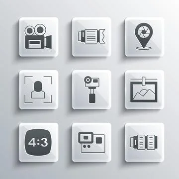 Set Action extreme camera, Camera photo lens, Photo frame, 4, focus line, Retro Stock-Illustration