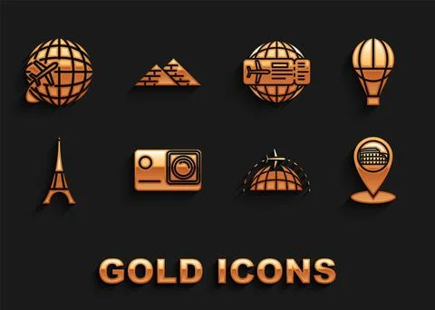 Set Action extreme camera, Hot air balloon, Map pointer with Coliseum in Rome Stock Illustration