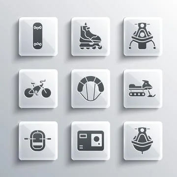 Set Action extreme camera, Jet ski, Snowmobile, Parachute, Rafting boat, Bicycle Illustrazione stock