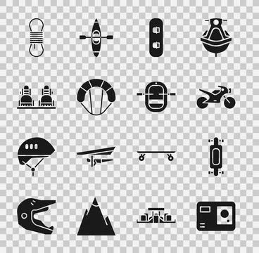 Set Action extreme camera, Longboard or skateboard, Motorcycle, Snowboard, .. Stock Illustration