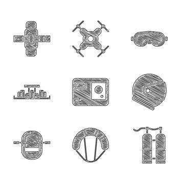 Set Action extreme camera, Parachute, Aqualung, Helmet, Rafting boat, Formula 1 Illustration
