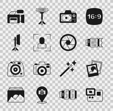 Set Action extreme camera, Photo frame, Camera photo lens, focus line, Stud.. Stock-Illustration