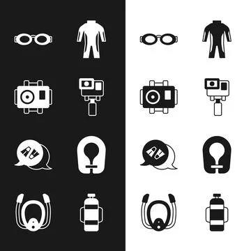 Set Action extreme camera, Photo for diver, Glasses swimming, Wetsuit scuba.. Stock Illustration