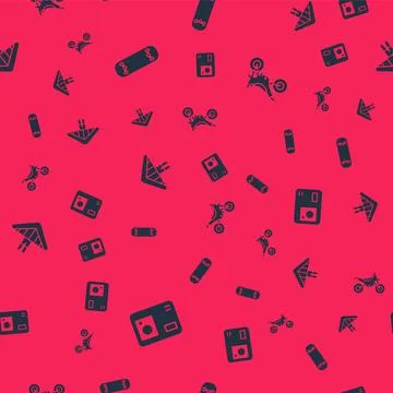 Set Action extreme camera, Skateboard trick, Hang glider and Mountain bike on Stock Illustration