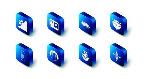 Set Action extreme camera, Ski goggles, Speedboat, Kayak or canoe, Jet ski, P Illustrazione stock